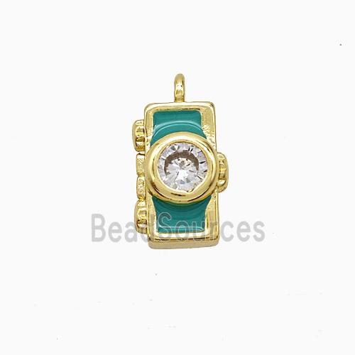 Copper Camera Pendant Pave Zirconia Green Enamel Gold Plated