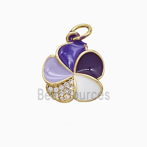 Copper Flower Pendant Pave Zirconia Purple Enamel Gold Plated