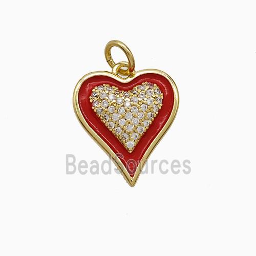 Copper Heart Pendant Pave Zirconia Red Enamel Gold Plated