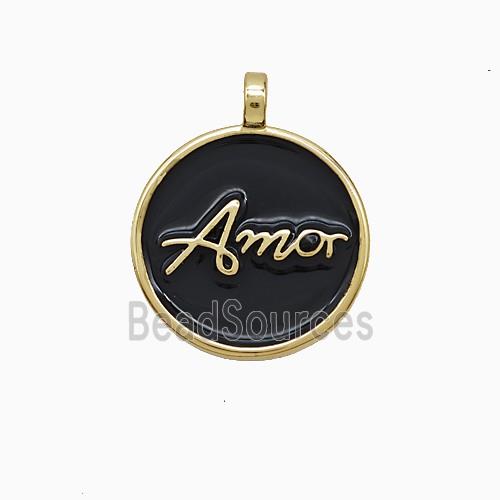Copper Amor Pendant Black Enamel Circle Gold Plated