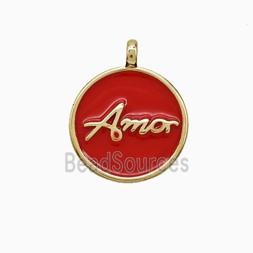 Copper Amor Pendant Red Enamel Circle Gold Plated
