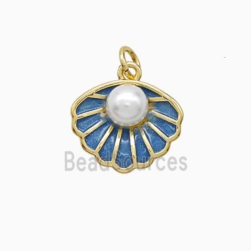 Copper Scallop Shell Pendant Pave Resin Teal Painted Gold Plated