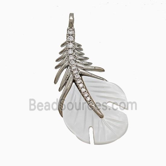 Copper Feather Pendant Pave Zirconia Shell Platinum Plated
