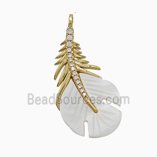 Copper Feather Pendant Pave Zirconia Shell Gold Plated