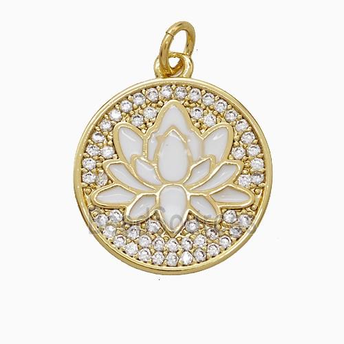 Copper Lotus Pendant Pave Zirconia White Enamel Flower Gold Plated