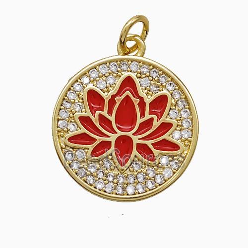 Copper Lotus Pendant Pave Zirconia Red Enamel Flower Gold Plated