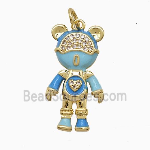 Cute Bear Charms Copper Pendant Pave Zirconia Blue Enamel Gold Plated