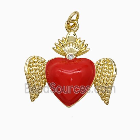 Copper Heart Angel Wings Pendant Red Enamel Gold Plated