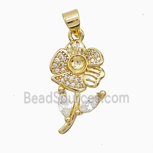 Copper Flower Pendant Pave Zirconia 18K Gold Plated