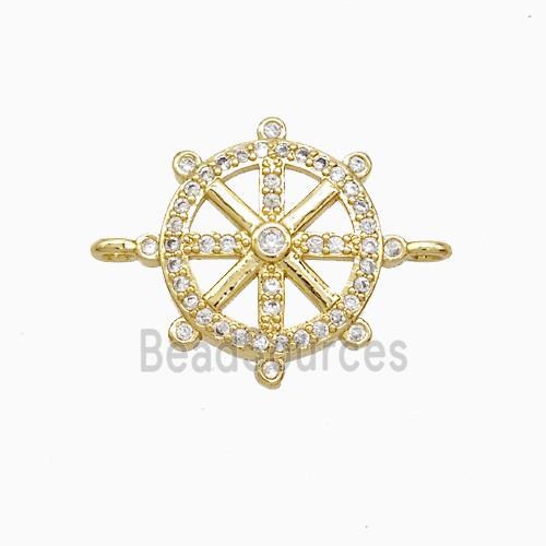Copper Ship Wheel Connector Pave Zirconia 18K Gold Plated