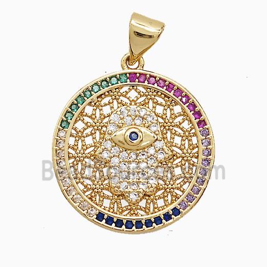 Copper Hamsahand Pendant Pave Zirconia Circle 18K Gold Plated