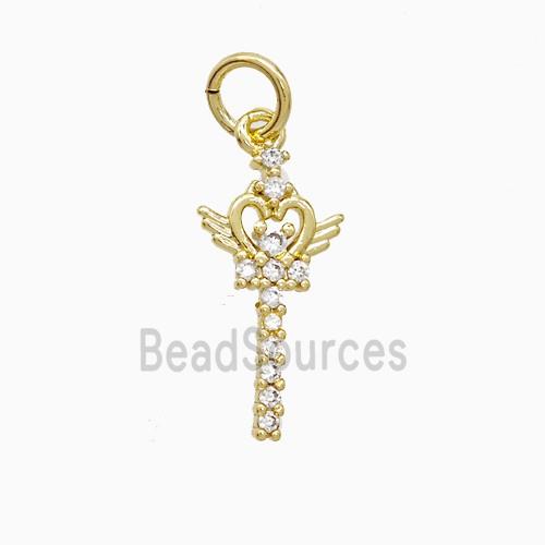 Copper Magic Wand Pendant Pave Zirconia Angel Wings Gold Plated