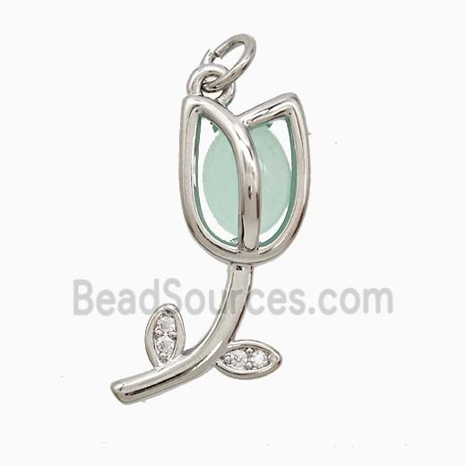 Copper Tulip Pendant Pave Jade Flower Platinum Plated