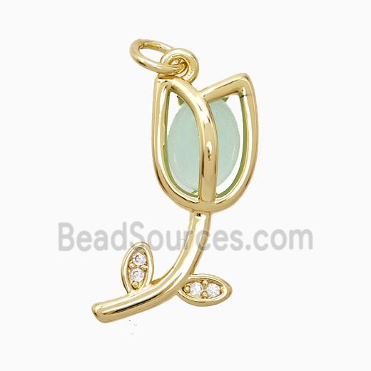 Copper Tulip Pendant Pave Jade Flower Gold Plated