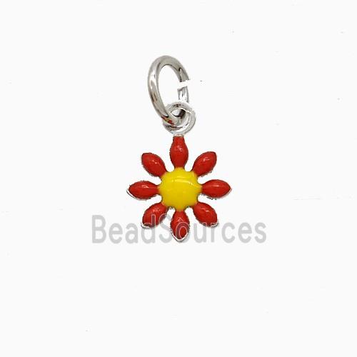 Copper Flower Pendant Red Enamel Platinum Plated