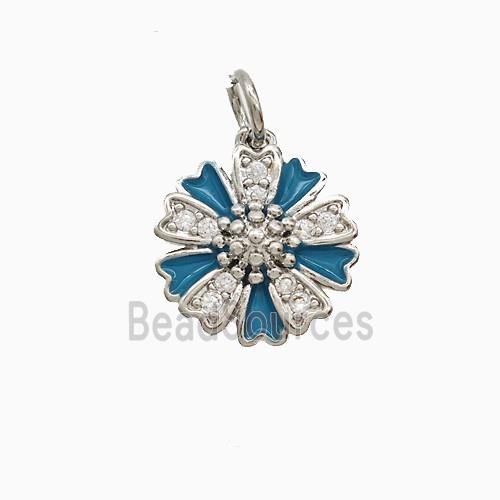 Copper Flower Pendant Pave Zirconia Blue Enamel Platinum Plated