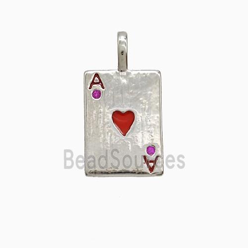 Playing Card Charms Copper ACE Heart Pendant Pave Zirconia Red Enamel Platinum Plated