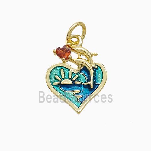 Copper Dolphin Sun Heart Pendant Green Painted Gold Plated