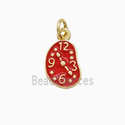 Copper Clock Pendant Red Enamel Gold Plated