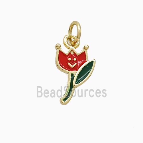 Copper Tulip Pendant Red Green Enamel Flower Gold Plated