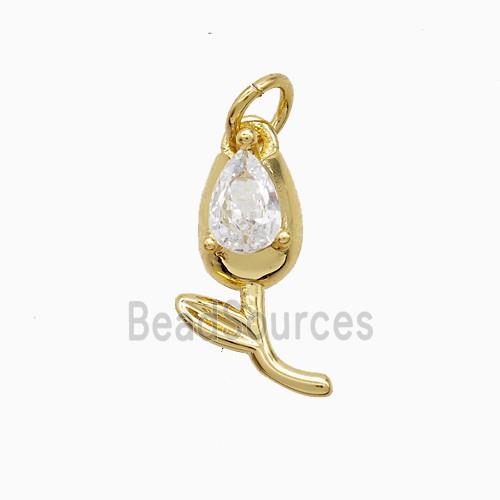 Copper Tulip Pendant Pave Zirconia Flower Gold Plated