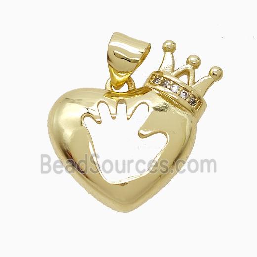 Copper Heart Crown Pendant Pave Zirconia Hand Gold Plated