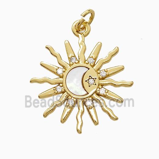 Copper Moon Pendant Pave Shell Zirconia Sun Gold Plated
