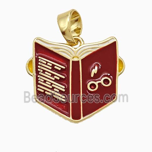 Book Charms Copper Pendant Red Enamel Gold Plated