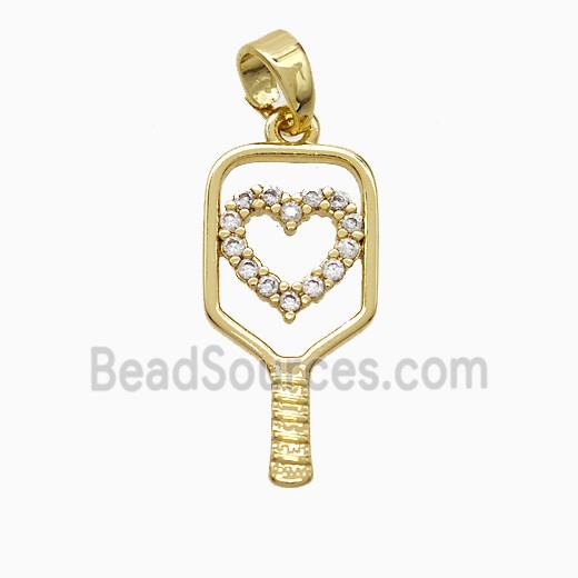 Pickleball Paddle Copper Pendant Pave Zirconia Heart Sports Gold Plated