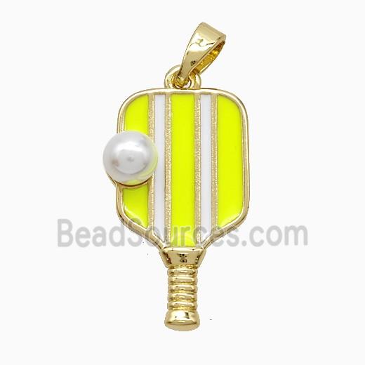 Copper Pickleball Paddle Pendant Pave Resin Yellow Enamel Sports Gold Plated