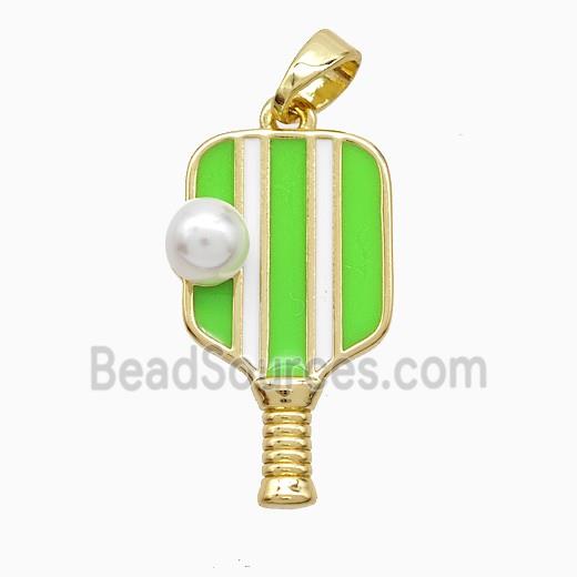 Copper Pickleball Paddle Pendant Pave Resin Green Enamel Sports Gold Plated
