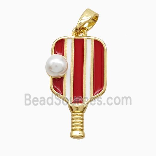 Copper Pickleball Paddle Pendant Pave Resin Red Enamel Sports Gold Plated