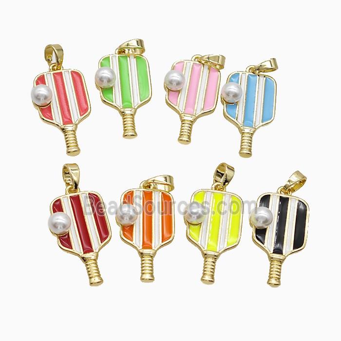 Copper Pickleball Paddle Pendant Pave Resin Enamel Sports Gold Plated Mixed
