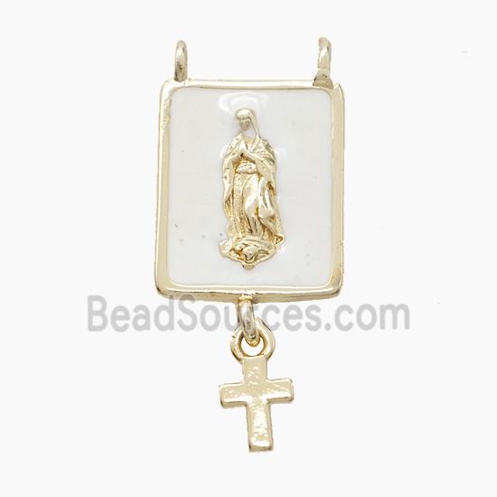 Copper Jesus Pendant White Enamel Cross 2loops Gold Plated
