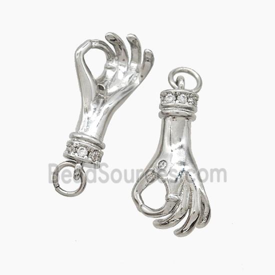Copper Hand Pendant Pave Zirconia Okay Sign Platinum Plated