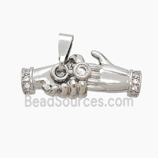 Copper Handshake Pendant Pave Zirconia Platinum Plated