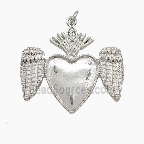 Copper Heart Angel Wings Pave Zirconia Platinum Plated