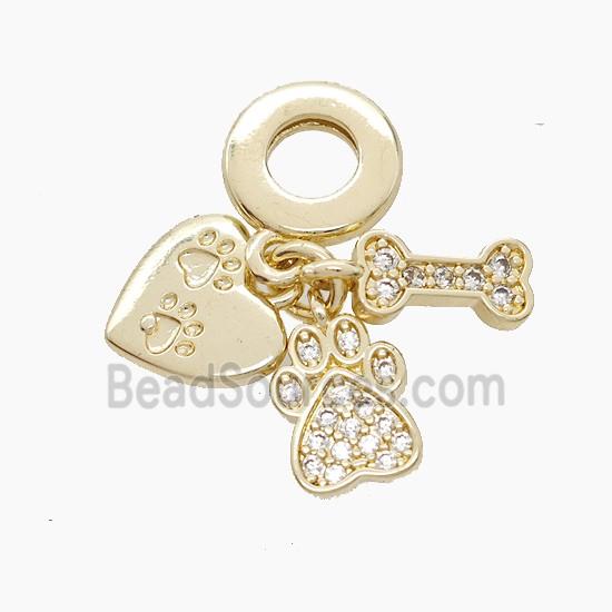 Copper Heart And Dogbone Paws Pendant Pave Zirconia Gold Plated