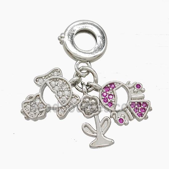 Copper Kids And Flower Pendant Pave Zirconia Platinum Plated