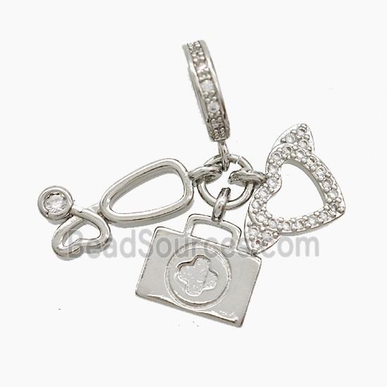 Copper Stethoscope And Heart Aidkit Pendant Pave Zirconia Platinum Plated