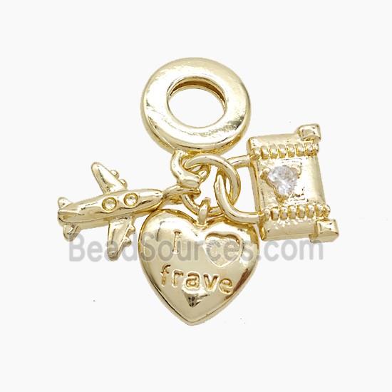Copper Heart And Airplane Lock Pendant Pave Crystal Glass Gold Plated