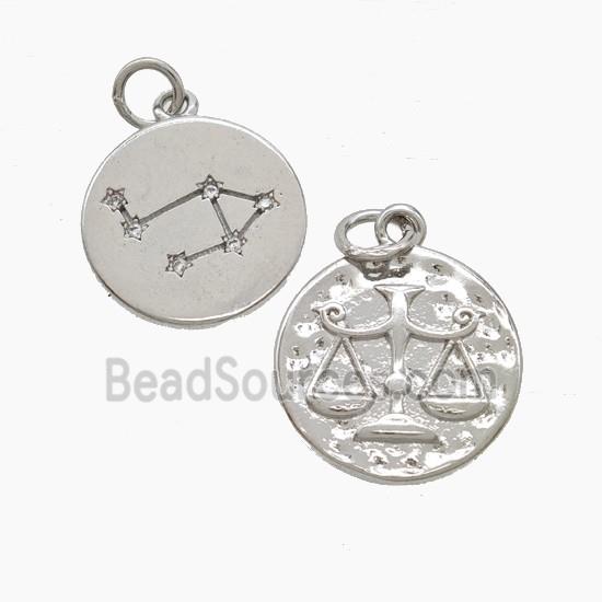 Zodiac Libra Copper Pendant Pave Zirconia Hammered Platinum Plated