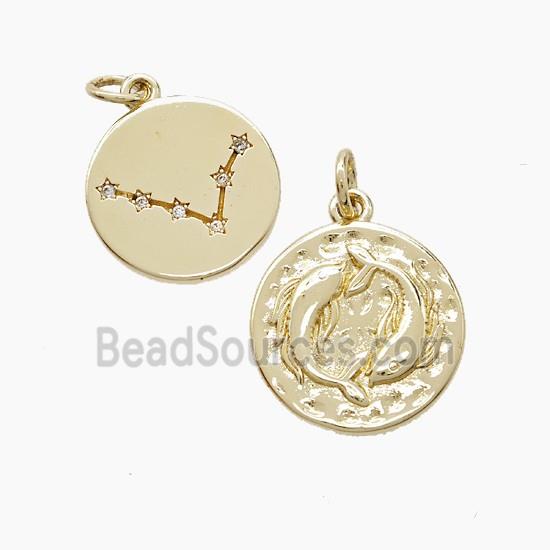Zodiac Pisces Copper Pendant Pave Zirconia Hammered Gold Plated