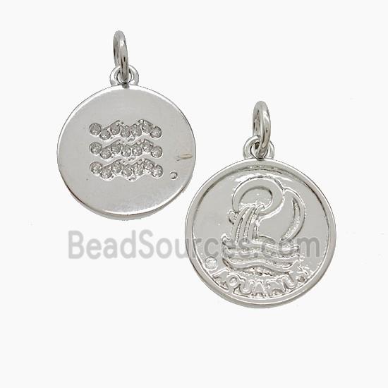 Zodiac Aquarius Copper Pendant Pave Zirconia Platinum Plated