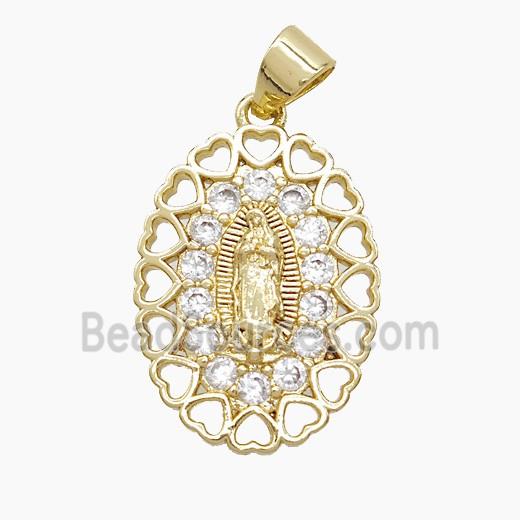 Copper Virgin Mary Pendant Pave Zirconia 18K Gold Plated