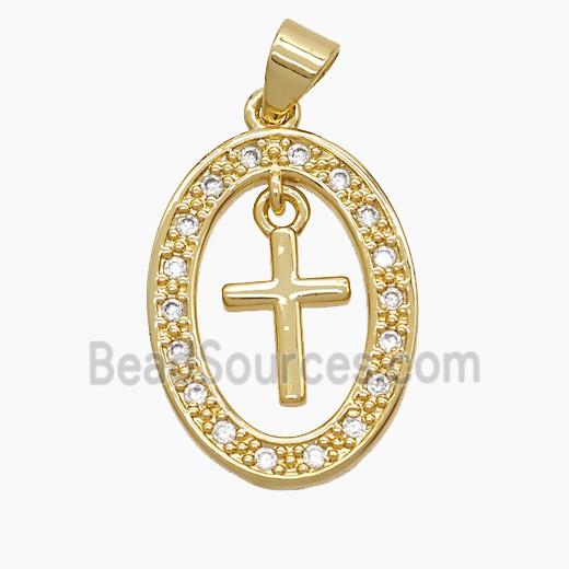 Copper Oval Pendant Pave Zirconia Cross 18K Gold Plated