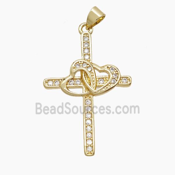Copper Cross Pendant Pave Zirconia Heart 18K Gold Plated