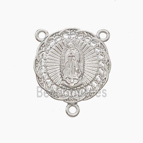 Copper Virgin Mary Pendant Pave Zirconia 3loops Platinum Plated
