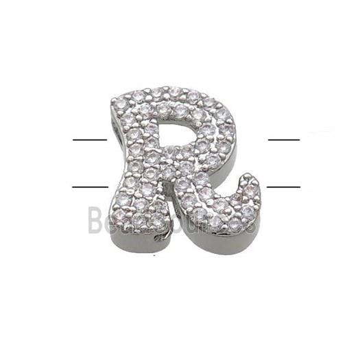 Copper Letter-R Beads Pave Zirconia 2holes Platinum Plated