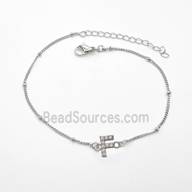 Copper Bracelet With Letter-F Pave Zirconia Platinum Plated